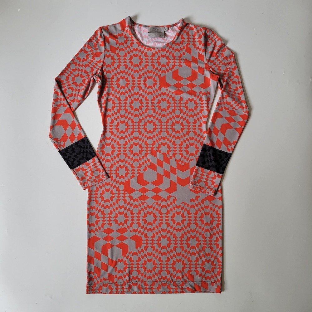 Preen by Thornton‎ Bregazzi Dress Orange Printed Jersey Knit Long Sleeve Bodycon